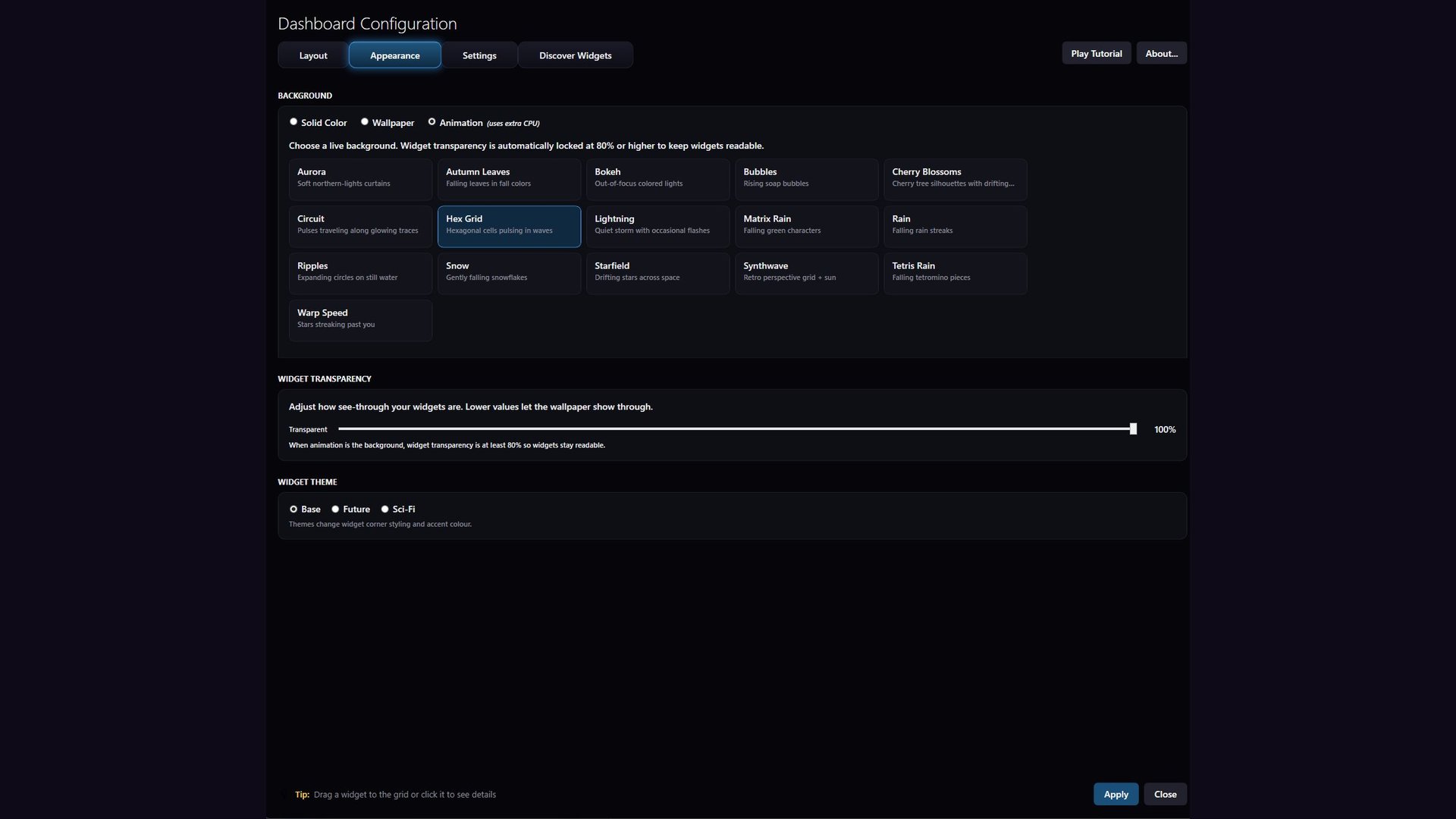 Widgey's appearance settings: a choice of animated backgrounds, a transparency slider and a widget theme picker.