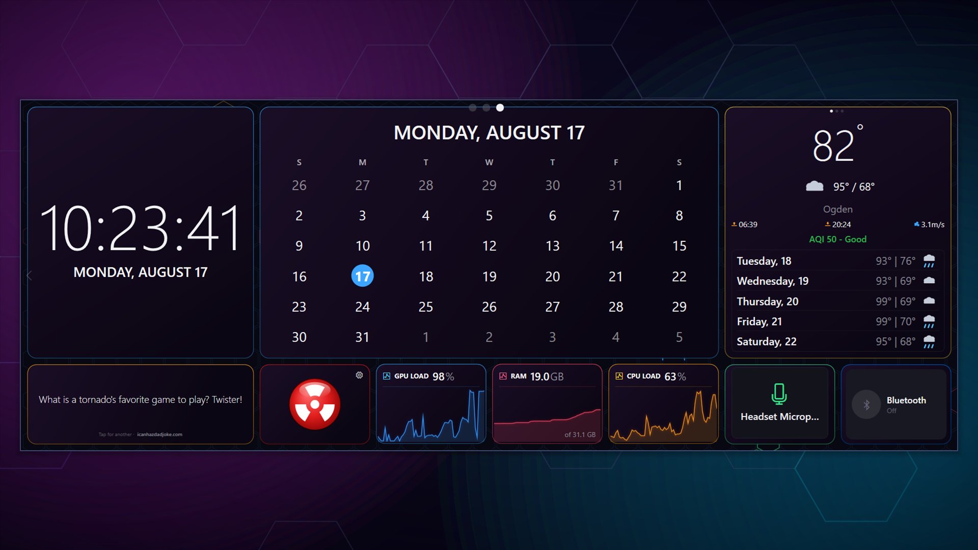 A Widgey page showing a large clock, a month calendar, the weather in Ogden and a row of small monitors.