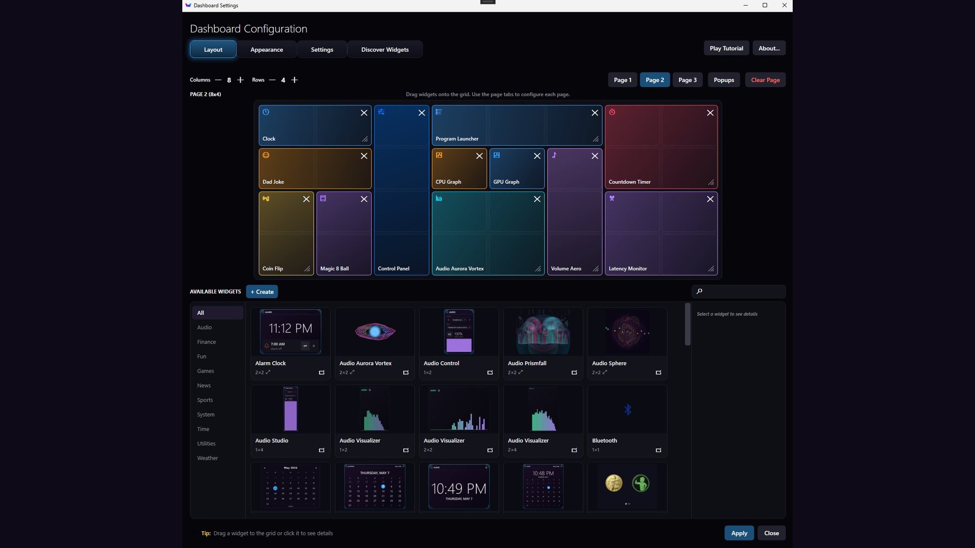 Widgey's layout editor: a grid of placed widgets above a searchable palette of available widgets.
