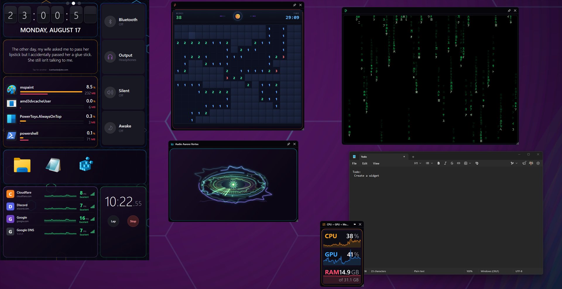 Several Widgey widgets popped out as individual windows across a desktop: Minesweeper, digital rain, an audio visualizer and a system monitor.